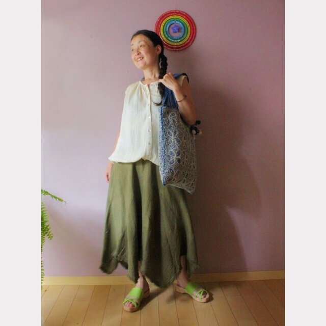 asana アシンメトリーなジャグスカート●草木染めカーキ