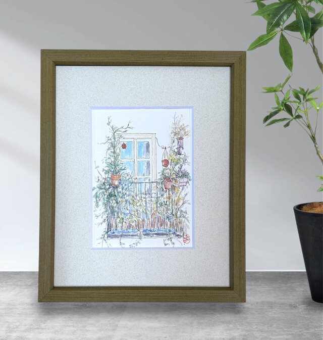 楽しい窓辺（水彩画、原画、額付き）