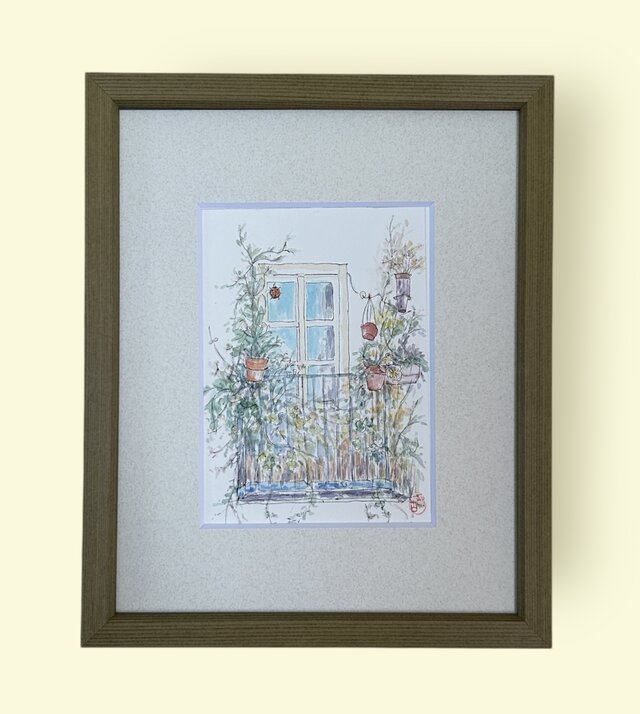 楽しい窓辺（水彩画、原画、額付き） | iichi 日々の暮らしを心地よく