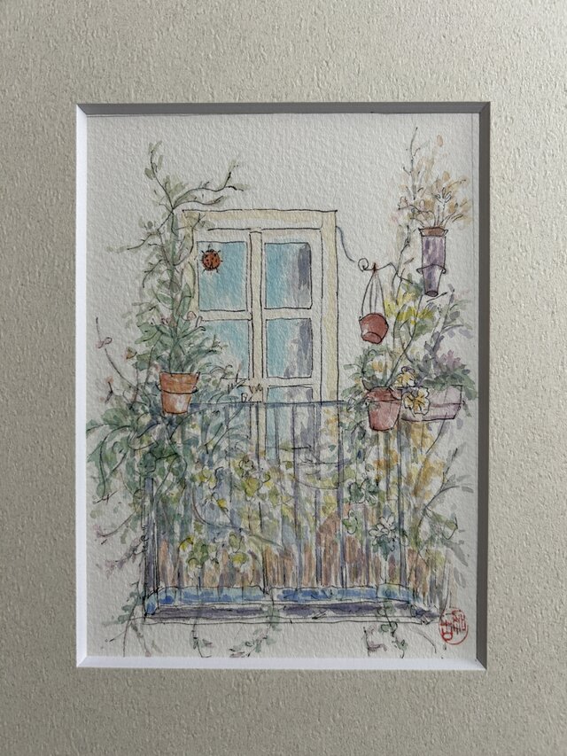 楽しい窓辺（水彩画、原画、スペイン、グラナダ 、額付き） | iichi