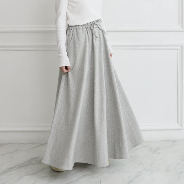 やわらか裏毛パイル素材 コットン スウェット フレアマキシスカート　グレー　0086Grey