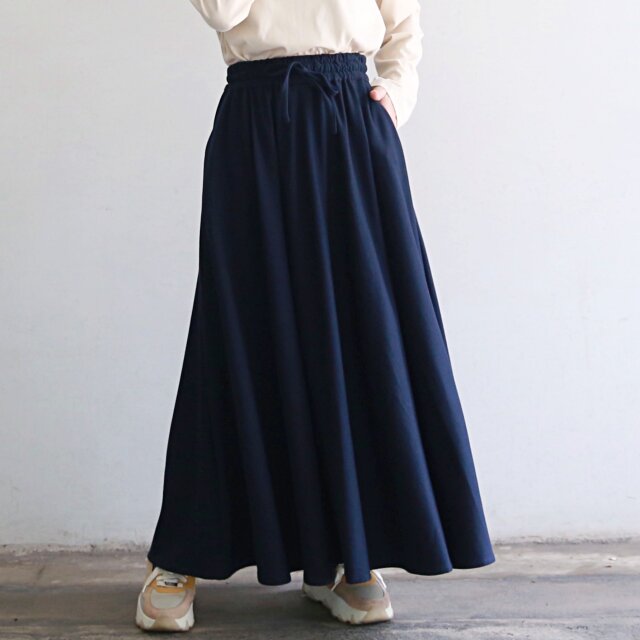 やわらか裏毛パイル素材 コットン スウェットマキシスカート　ネイビー　0086NV