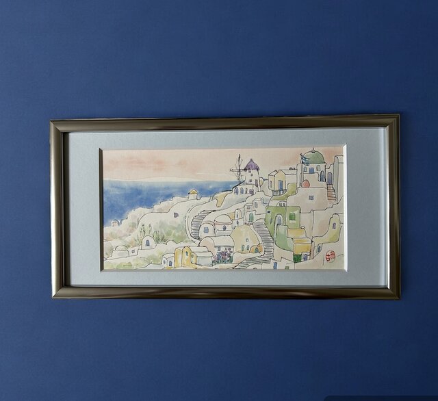 夕日に染まる白い町（ギリシャ、サントリーニ島の村イア、原画、透明