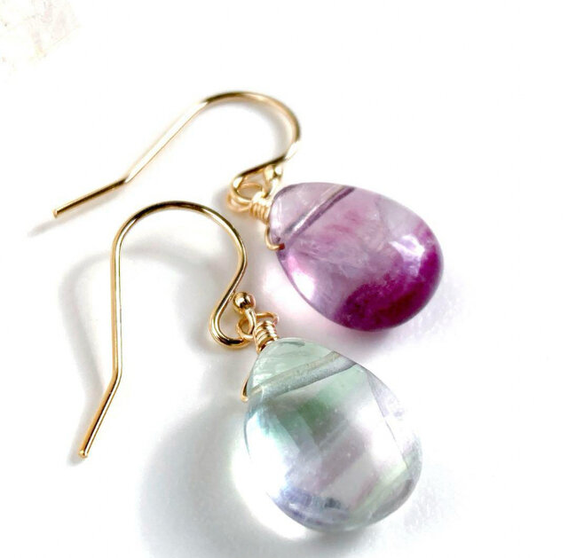 14kgf フローライトの蝶とあこやのピアス 14kgf］天然石フローライトドロップ一粒ピアス/イヤリング