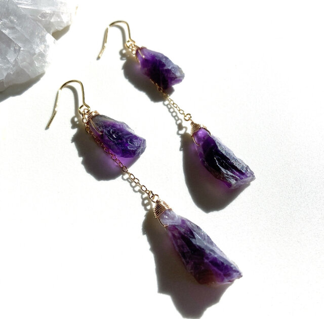 天然石アメジストのロングチェーンピアス/イヤリング | iichi 日々の