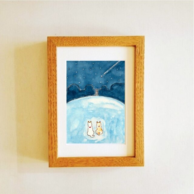 原画・水彩画】 「流れ星」※木製額縁入り（2Lサイズ）犬・イラスト