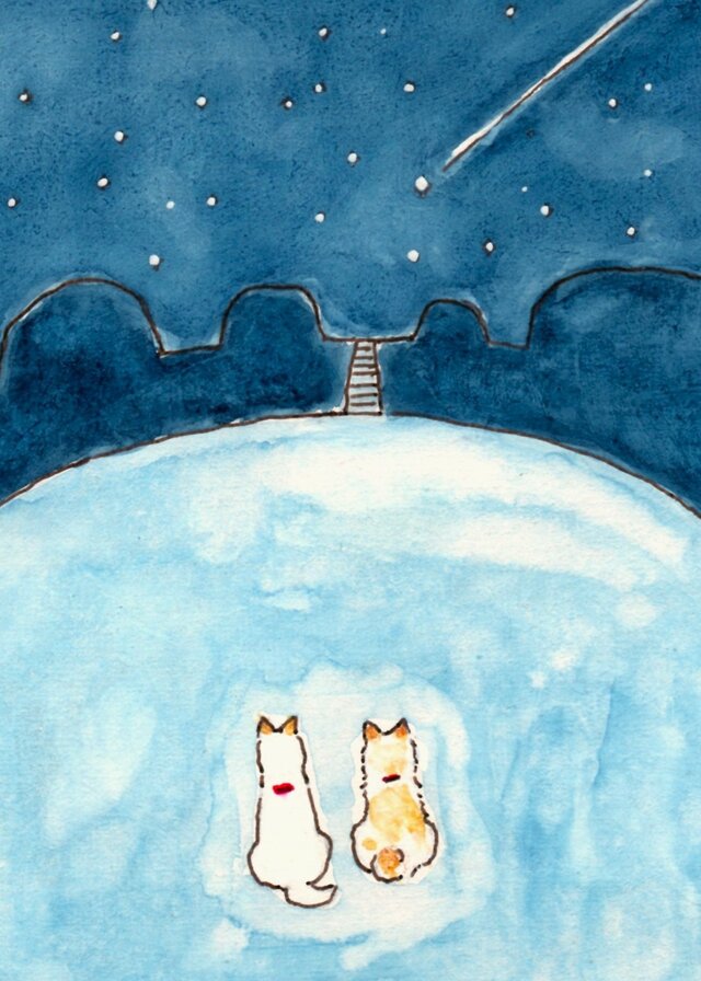 原画・水彩画】 「流れ星」※木製額縁入り（2Lサイズ）犬・イラスト