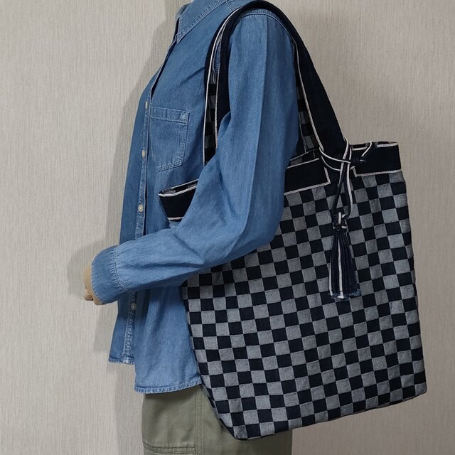 トートバック 市松模様ジャガードデニム　セルビッチデニムテープ　タッセル付