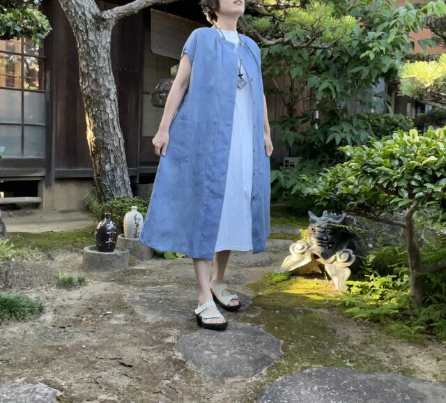 着物リメイク】フレンチスリーブの麻ワンピース/チェック柄