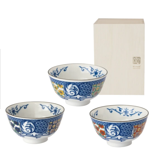 ◇新品◇ 加藤五陶兵衛造 美濃焼染付藍染小紋柄茶碗3点セット【木箱