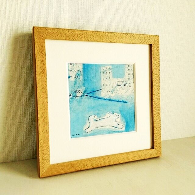 イラスト 原画「都会の夜」※木製額縁入り(18㎝角）インテリアアート