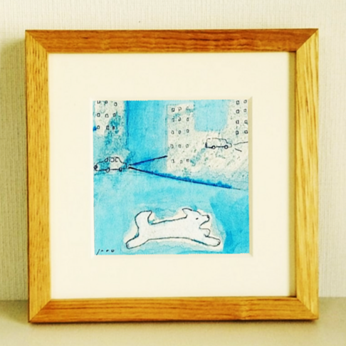 イラスト 原画「都会の夜」※木製額縁入り(18㎝角）インテリアアート