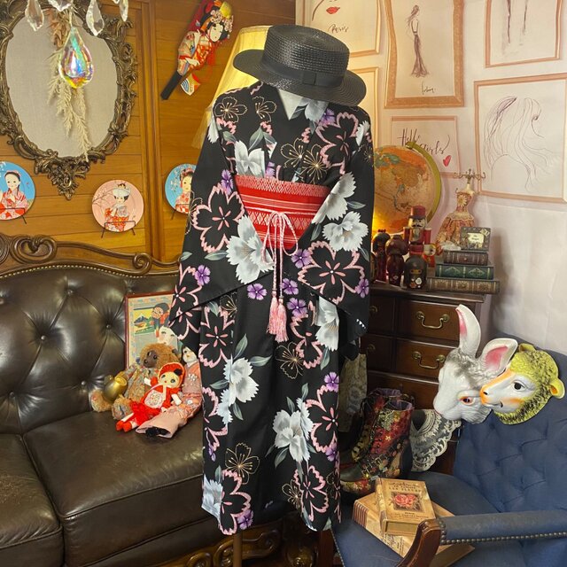 和洋折衷 浴衣 リメイク ワンピース ドレス 帯サッシュベルト かわいい