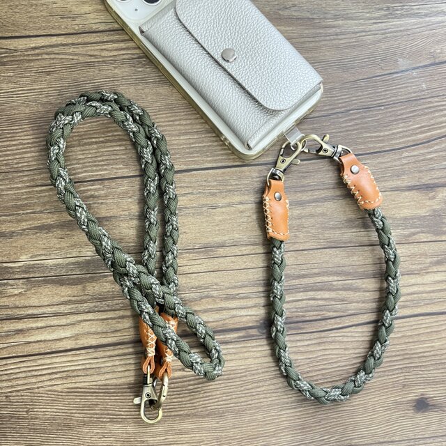 3Way 本革×パラコード スマホショルダーストラップ カーキミックス