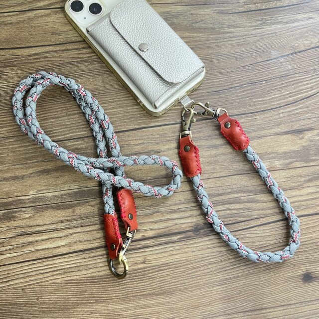 3Way 本革×パラコード スマホショルダーストラップ グレー