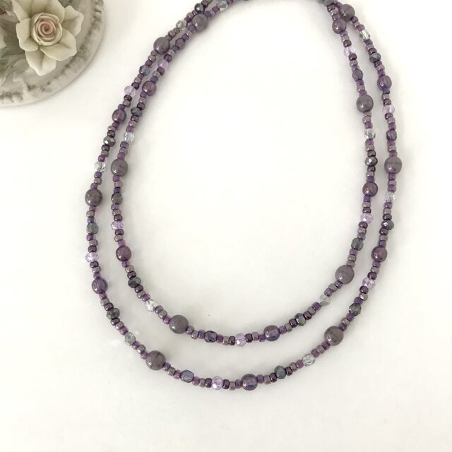 一連 クラシカル ロングネックレス 青紫 パープル モーブ 紫 チェコガラス ビーズ