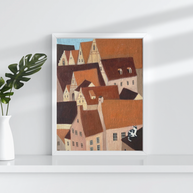 赤い屋根と猫 Oil on canvas（送料無料）