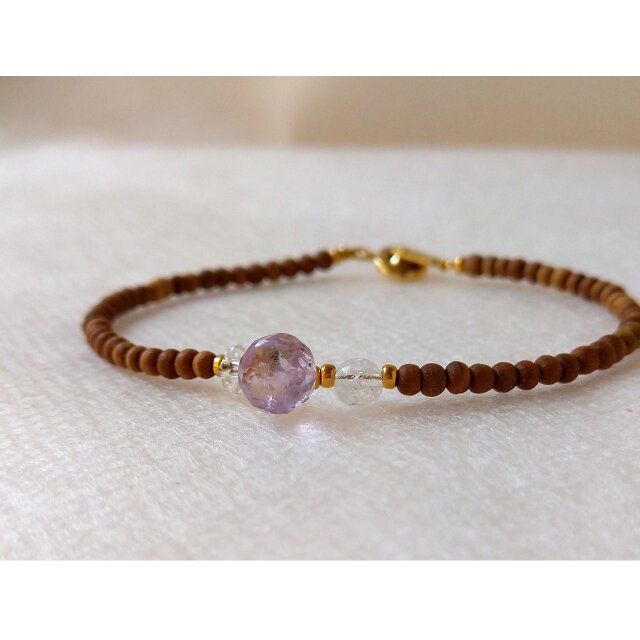 白檀ブレスレット　ピンクアメジスト＆クラッククオーツ【2月誕生石】