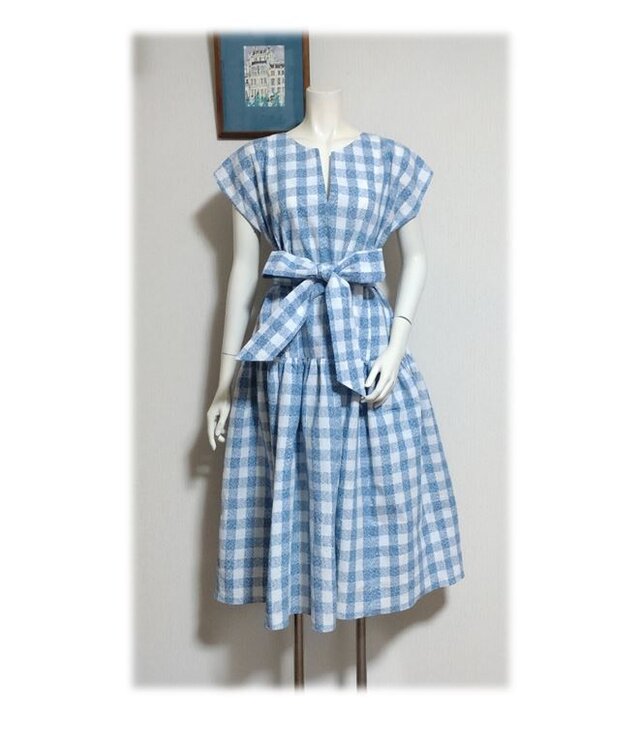 367　１点物　ワンピース　ジャンパースカート　キーネック　ローウェスト　デッドストック浴衣地　　ギンガム風　夏のお出かけ