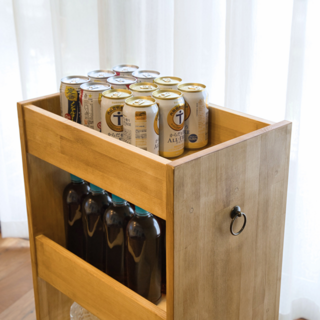 キッチンワゴン3段【ペットボトルストッカー/キャスター付き/備蓄/木製