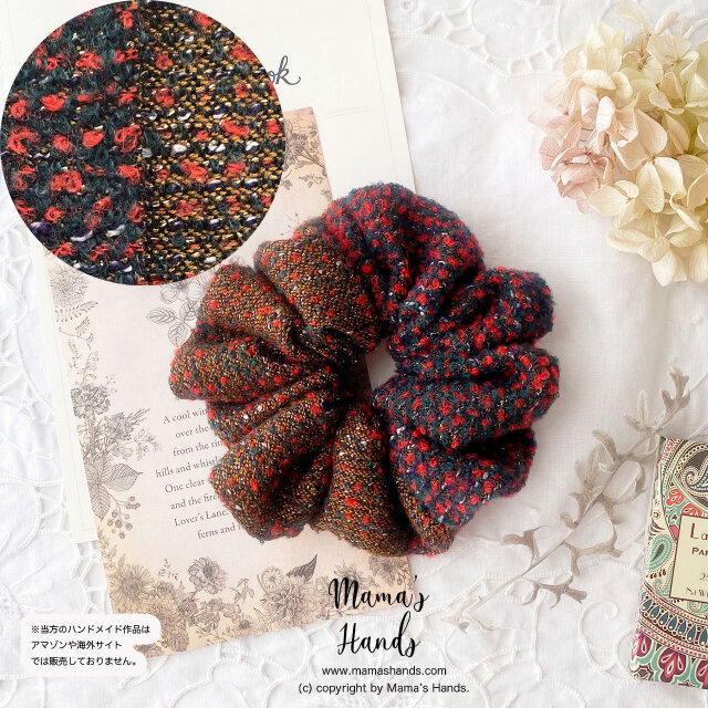 ⭐️2点売れました⭐️《バイカラー ツイード》赤 x ゴールド ラメ ウール混 秋 冬 ボリューム シュシュ ヘアゴム