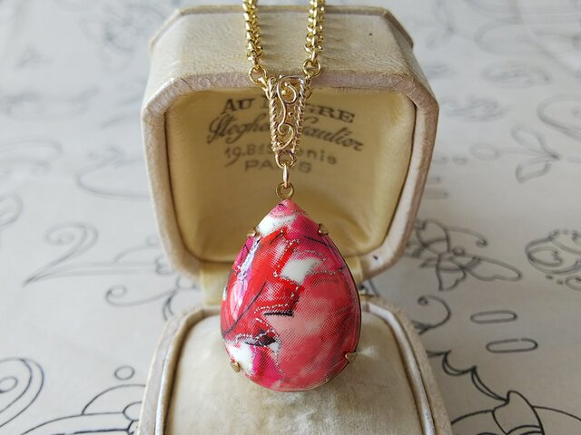 ビンテージ風赤い滴型ペンダントネックレス、ハンドメイド ビンテージ風赤い滴型ペンダントネックレス、ハンドメイド