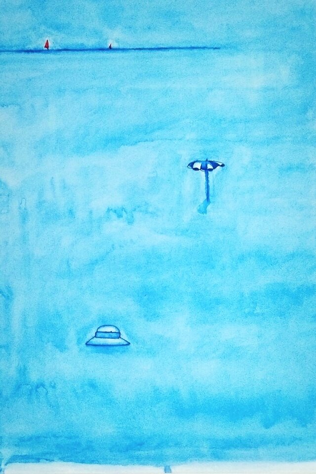 風景画｜原画「思い出の海」イラスト 水彩 絵画 夏 一点物 ※大衣サイズ