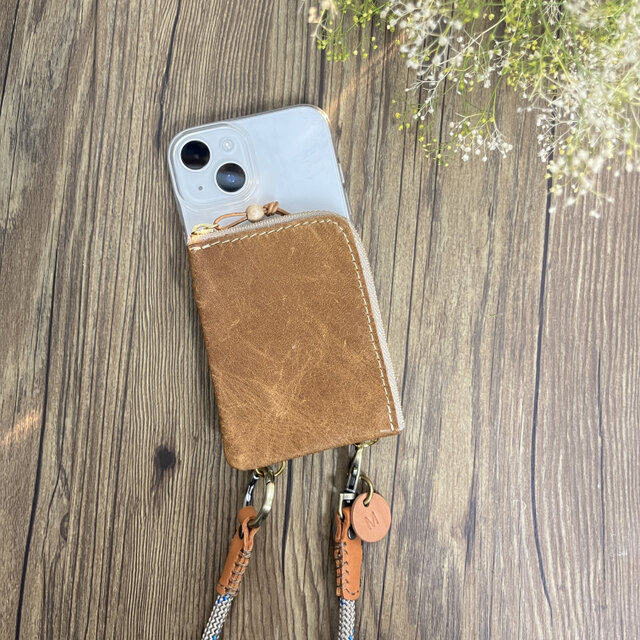 牛革 ファスナーポーチ付きスマホケース 大容量・取り外し可 iPhone