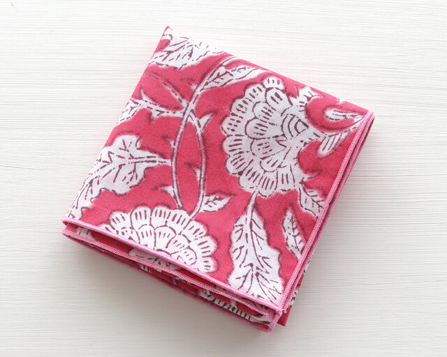 木版染め ブロックプリント ハンカチ （白花/ローズピンク）01