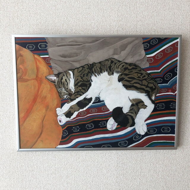 猫イラスト「寝っころがるグリコ」原画