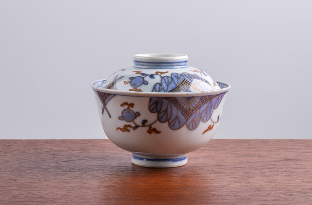 江戸期 古伊万里染錦 草花 蓋椀Φ13㎝ 江戸時代末期～明治時代