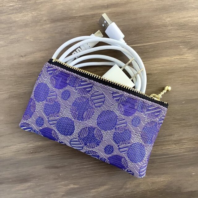 【しゃぼん玉】畳縁　ぺたんこ　ミニポーチ　カードケース　小銭入れ　バイオレット　水玉　ドット　紫