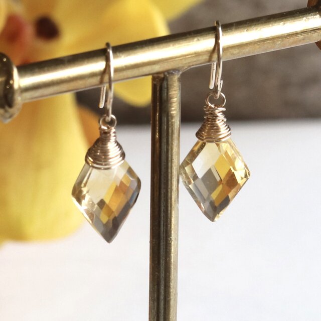 宝石質シトリン ダイヤカット 天然石 14Kgfピアス/イヤリング　--The golden--