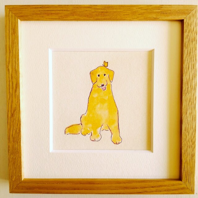 原画・イラスト】「犬とちょうちょ」 ※18㎝角 栗材木製額縁入り・北欧
