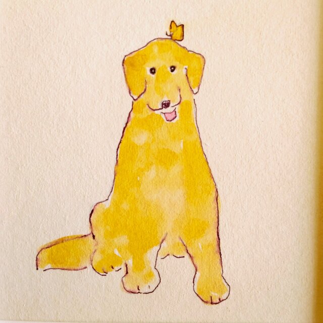原画・イラスト】「犬とちょうちょ」 ※18㎝角 栗材木製額縁入り・北欧