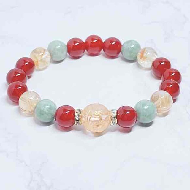 還暦祝いに◎長寿・健康で安定した生活へ◎龍水晶 赤メノウ 翡翠 天然石 ブレスレット No756