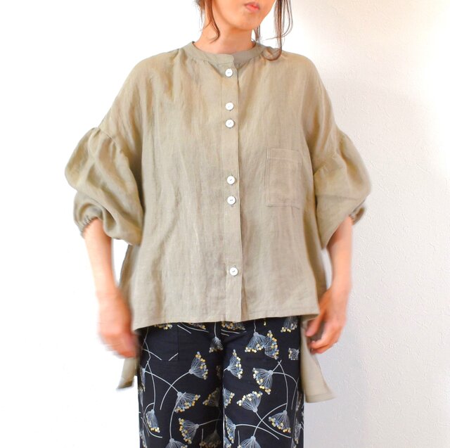 極美品✨ダリア dahl'ia リネン100％ギャザーブラウス 白 バンドカラー