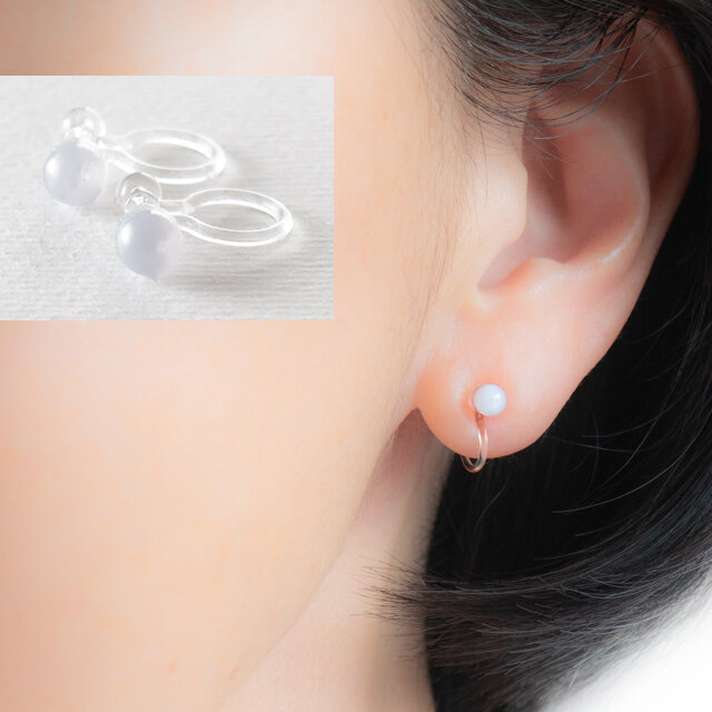 ブルーレースアゲートのシンプルひとつぶイヤリング(ノンホールピアス)
