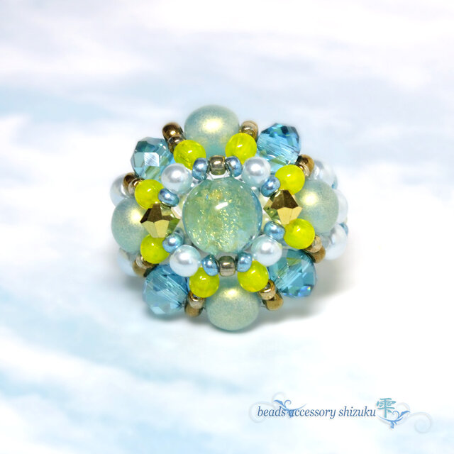 とんぼ玉リングB＊14号＊ブルー×イエロー