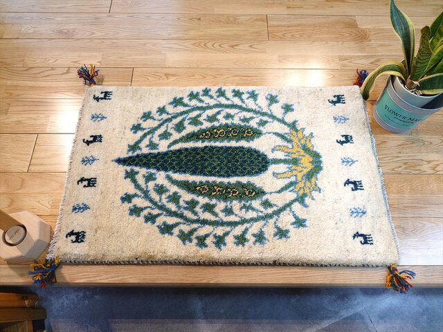 【さま】ギャッベ2枚 春入荷】ペルシャ ギャッベ 玄関マット 92x60㎝ 植物 断面 RJ13807G