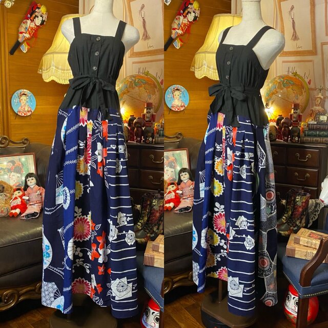 【一点物】浴衣リメイク ロングワンピース 着物リメイク　パッチワーク 一点物】浴衣リメイク ロングワンピース 着物リメイク パッチワーク