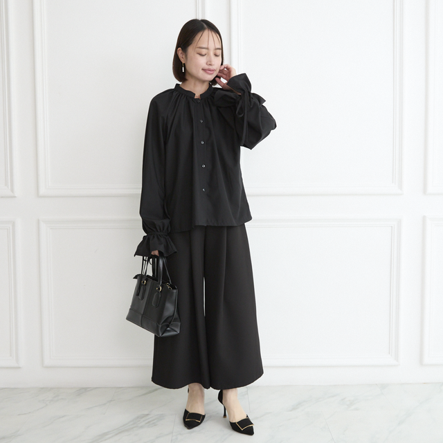式典〜普段着も◎ 大人可愛い 袖リボン ブラウス ブラック シワになり
