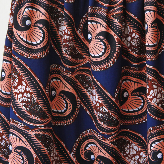 アフリカ布のギャザースカート（ ネイビー×ペーシュ ）アフリカン