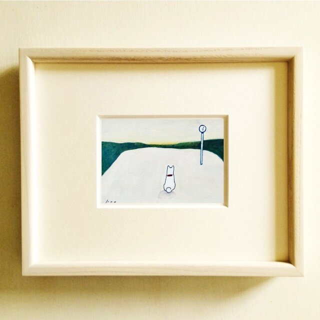 犬の絵｜原画「夕焼け空」水彩イラスト　※木製額縁入り