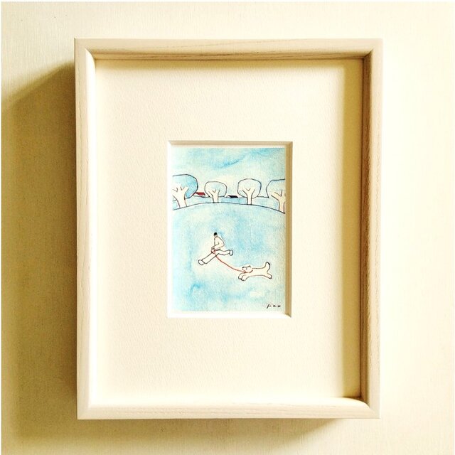 犬の絵｜原画「散歩道」 ※木製額縁入り（インチサイズ）