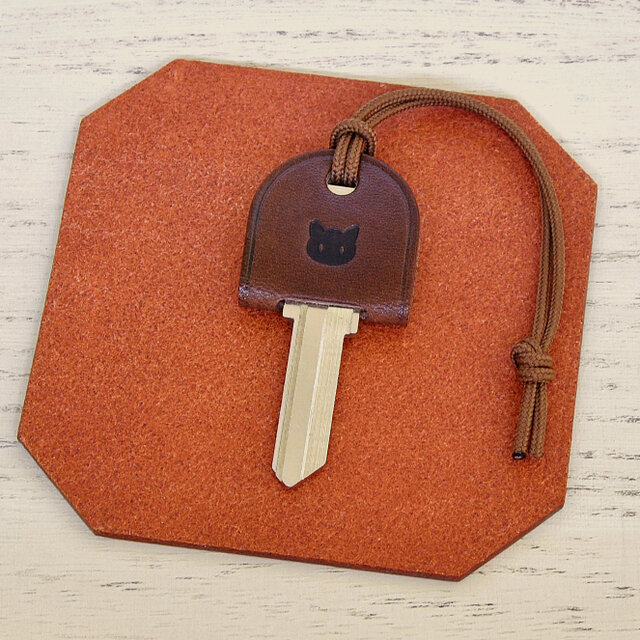 猫（顔）の刻印（焼印）入り ヌメ革かんたんキーカバー GOAL