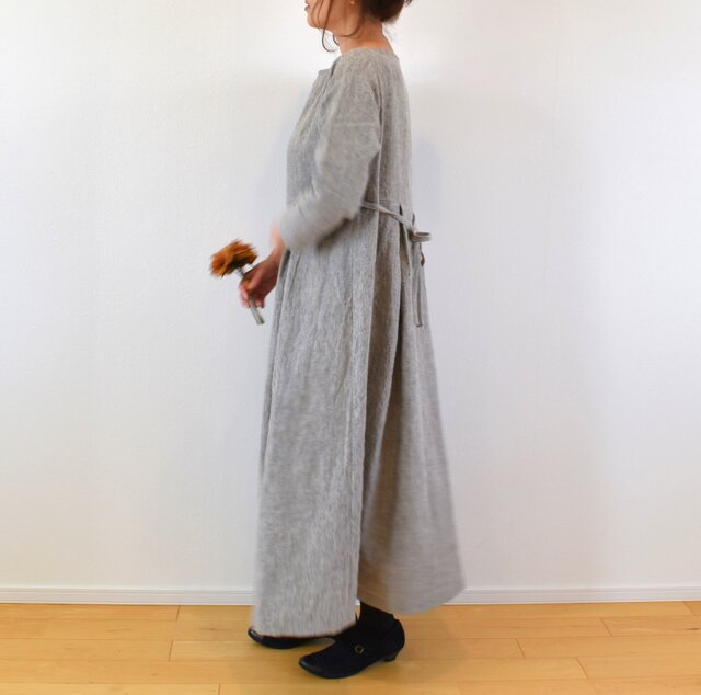 リゼッタ リネン 100% ギャザー ロングワンピース グレー 日本製 リゼッタ リネン 100% ギャザー ロングワンピース グレー 日本製
