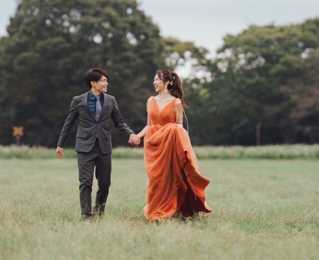 実例写真！カラードレス テラコッタ色 Vネック キャミソール チュール  