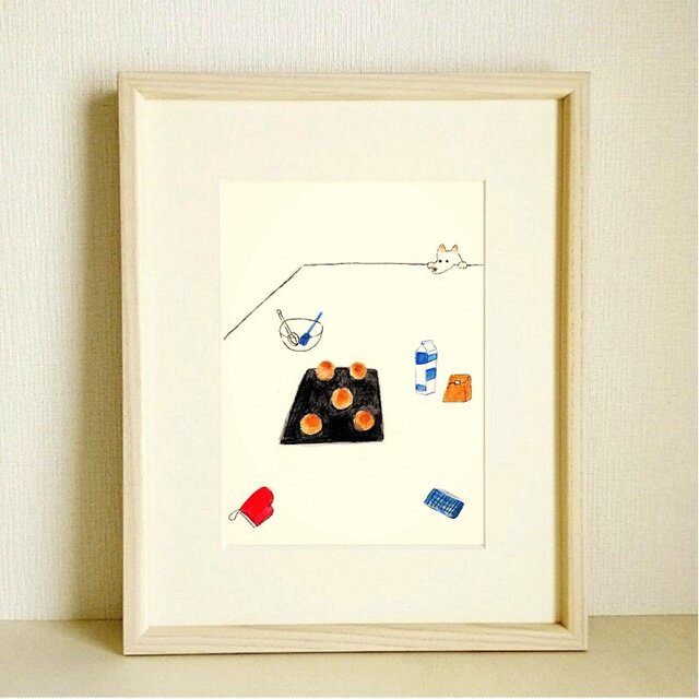 犬イラスト｜原画「パンを焼いた日」 ※木製額縁入り（インチサイズ）受注制作