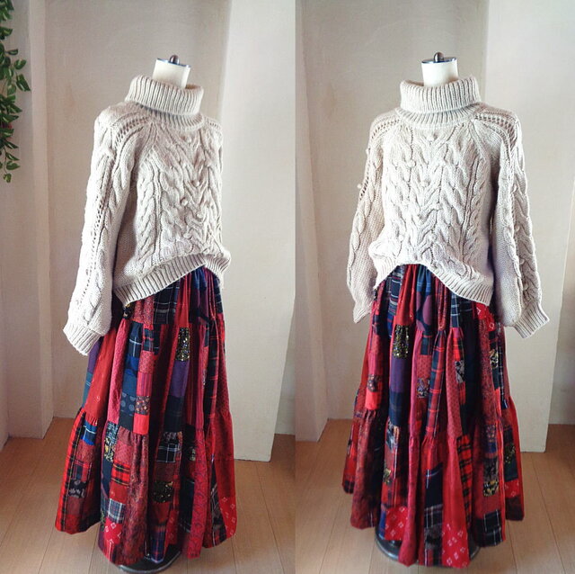 1点もの 絵画なパッチワーク♥DeepRed＆Dark♥大人のチェック  